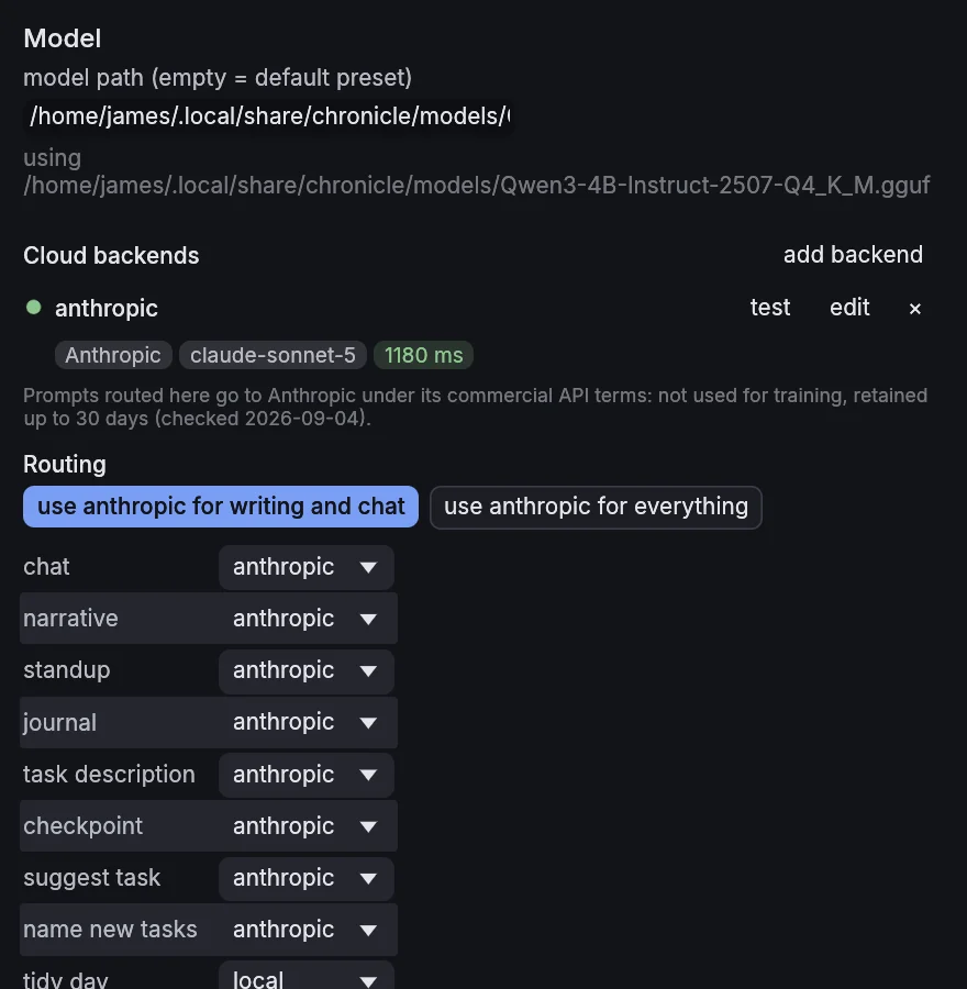 Chronicle settings, model: the local model path, then cloud backends with one row, anthropic, claude-sonnet-5, tested in 1180 ms, a note that prompts routed there go to Anthropic under its commercial API terms, and the routing grid with chat, narrative, standup, journal, task description, checkpoint, suggest task and name new tasks set to anthropic, tidy day and derive batches set to local